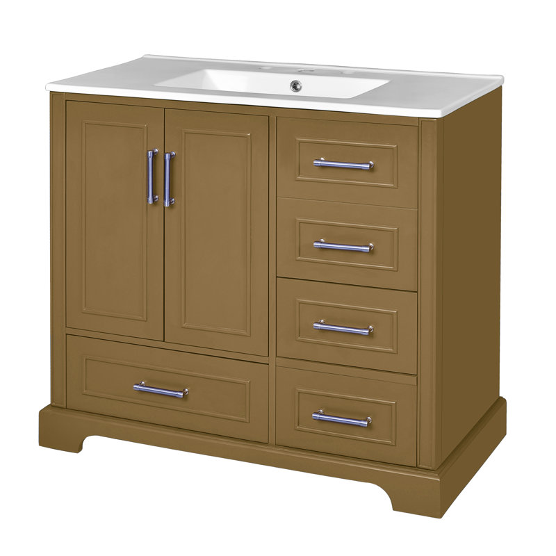 Meuble-lavabo simple 36 po avec plateau en céramique, Brun