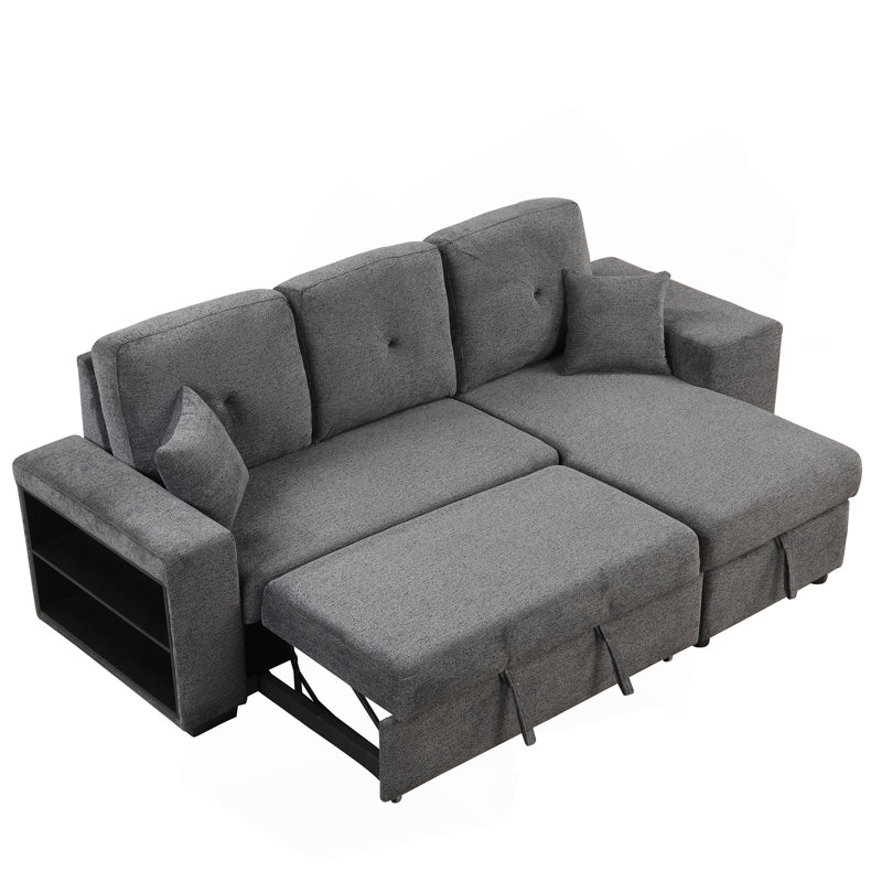 Versatile Reversible Sofa Bed With Side Shelf And Storage Chaise, Black/Blue Velvet
