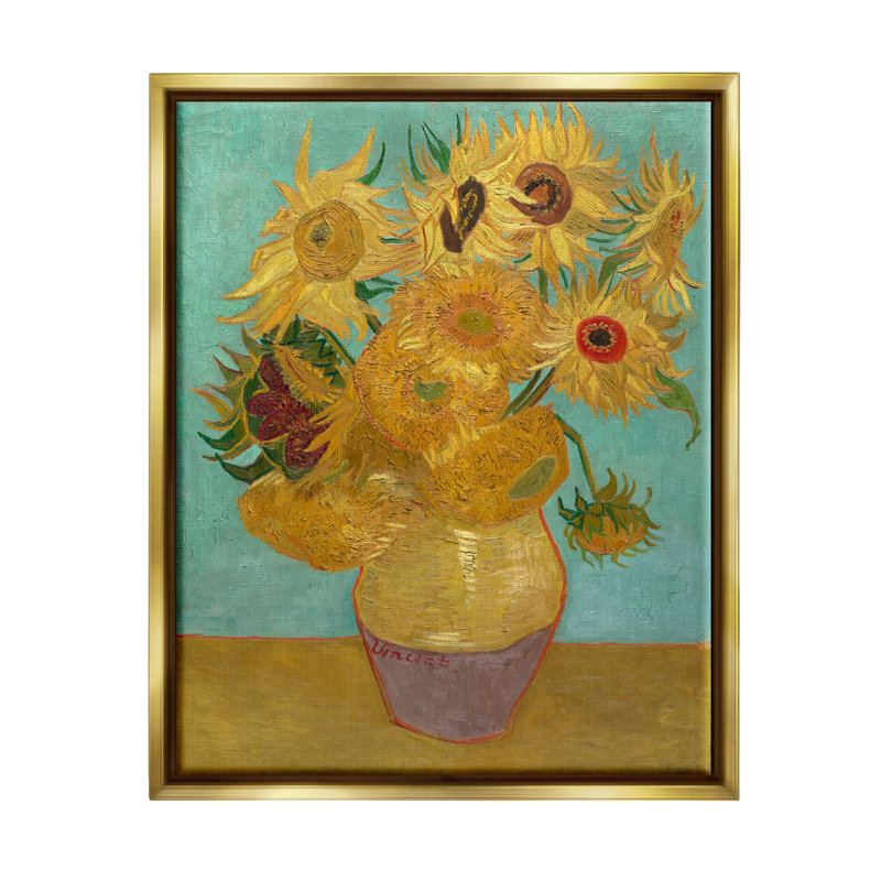 «Van Gogh Sunflowers», impression sur toile par Vincent Van Gogh, L 25 po x H 31 po, Cadre flottant métallique doré