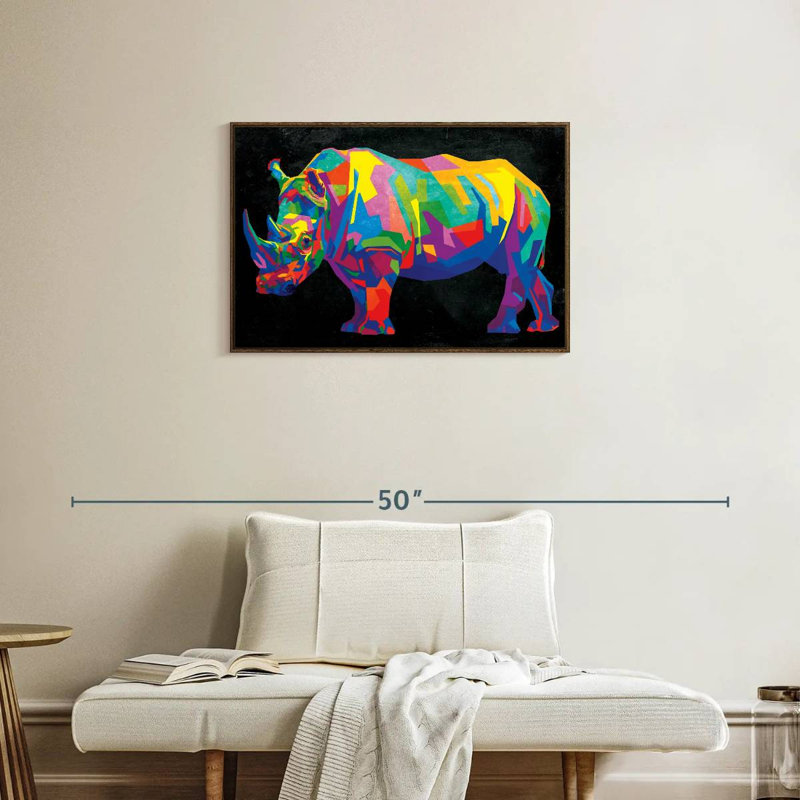 Rhinocéros couleur géométrique, Cadre flottant noyer, 31 po x 21 po