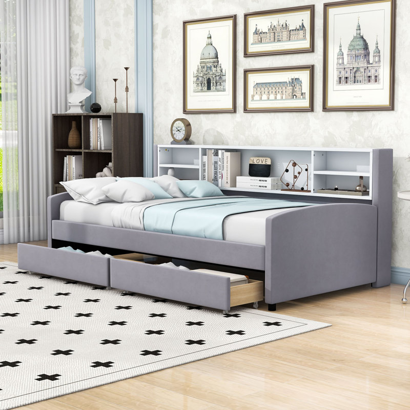 Twin Upholstered Daybed with Shelves and Drawers, Grey