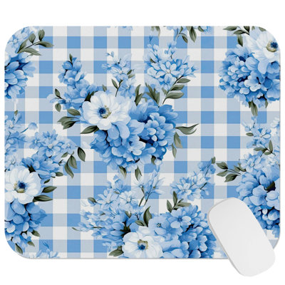 Floral Blue Gingham Flowers VI Gaming Cute Office Laptop Desk Pad Gift Mat Square Rectangle Non-Slip Mousepad