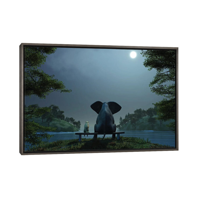 Éléphant et chien la nuit d’été, Encadrement en bois foncé rustique, Pas de tapis, H 26 po x l 40 po x P 1,5 po