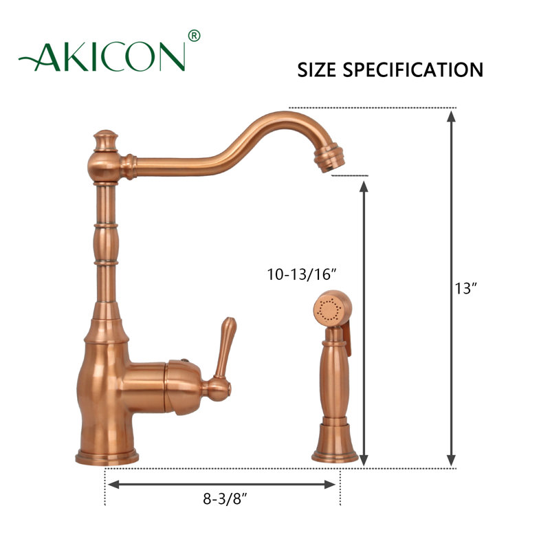 One-Handle Copper Widespread Kitchen Faucet with Side Sprayer, Copper