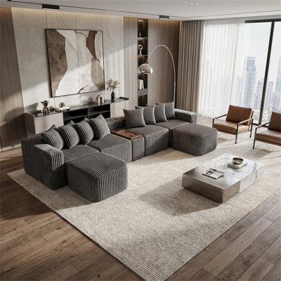 Canapé modulaire de 137,5 pouces, canapé en forme de U en velours côtelé, 6 places, avec chargement USB et sans fil, plateau de table basse avec porte-gobelets, repose-pieds mobile, aucun assemblage requis