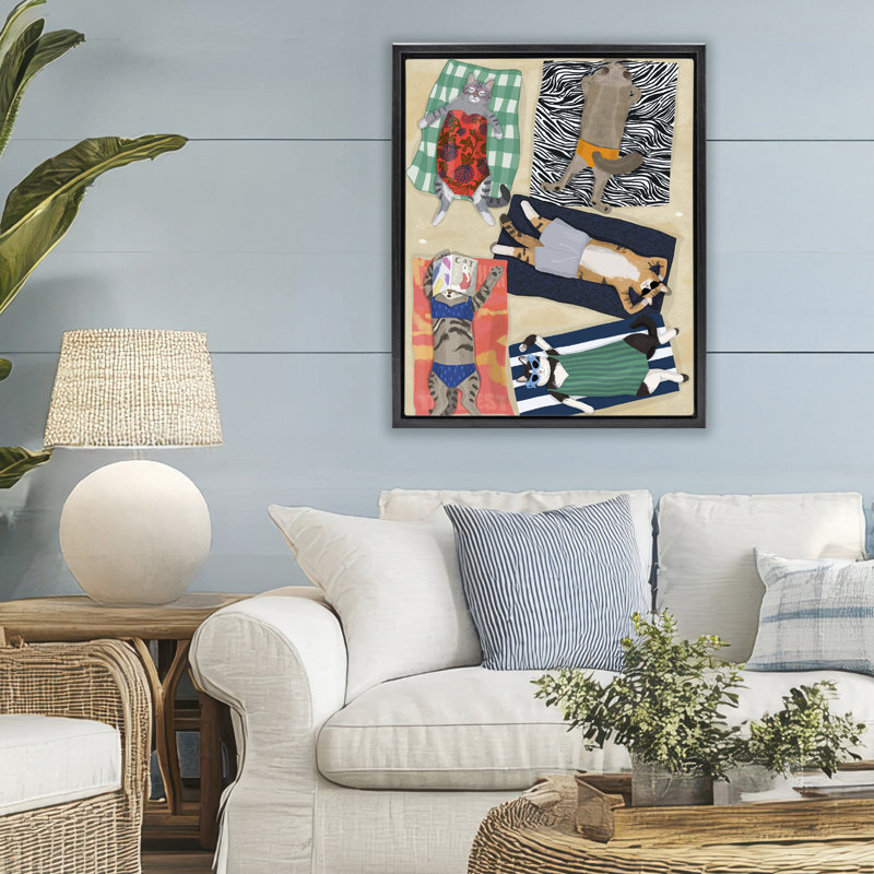 Cadre flottant Summer Chats Sunbathing Cats, design par Hanna Melin, H 31 po x l 25 po, Cadre flottant noir de jais