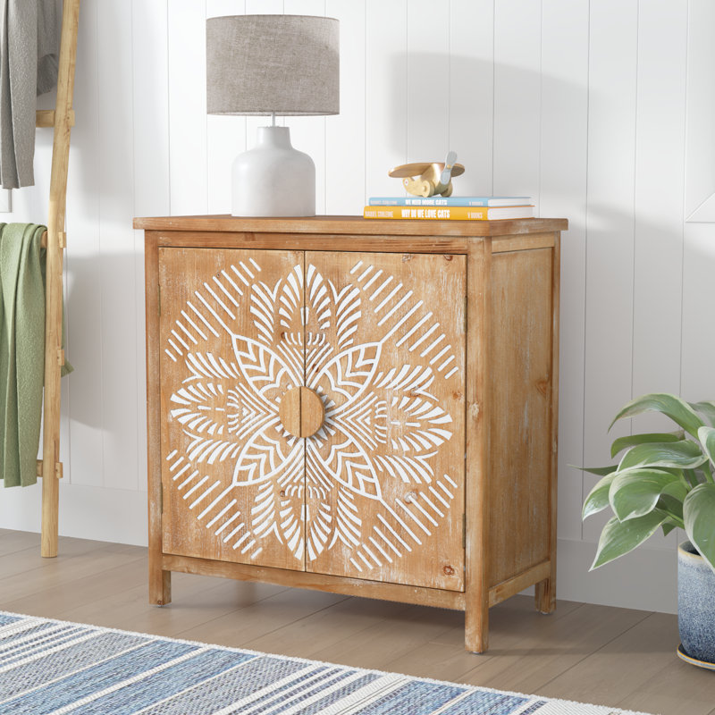 Rococo Romance 32'' White Natural Wood Floral Accent Cabinet