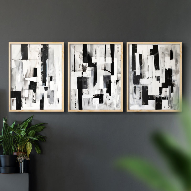 Abstract  Series  XIV  -Set Of 3 Framed Giclee Prints -Ready to Hang, 28" H x 22" W, Natural Framed