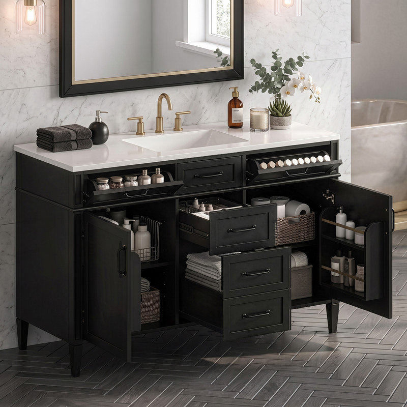 Ensemble de meuble-lavabo simple autoportant 48 po avec comptoir en céramique et système de rangement de salle de bain 48 po