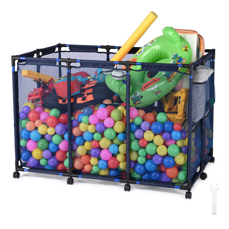 Kierah Metal Frame 10 Wheels Rolling Mesh Pool Float Storage Bin with Side Pockets Blue, Blue