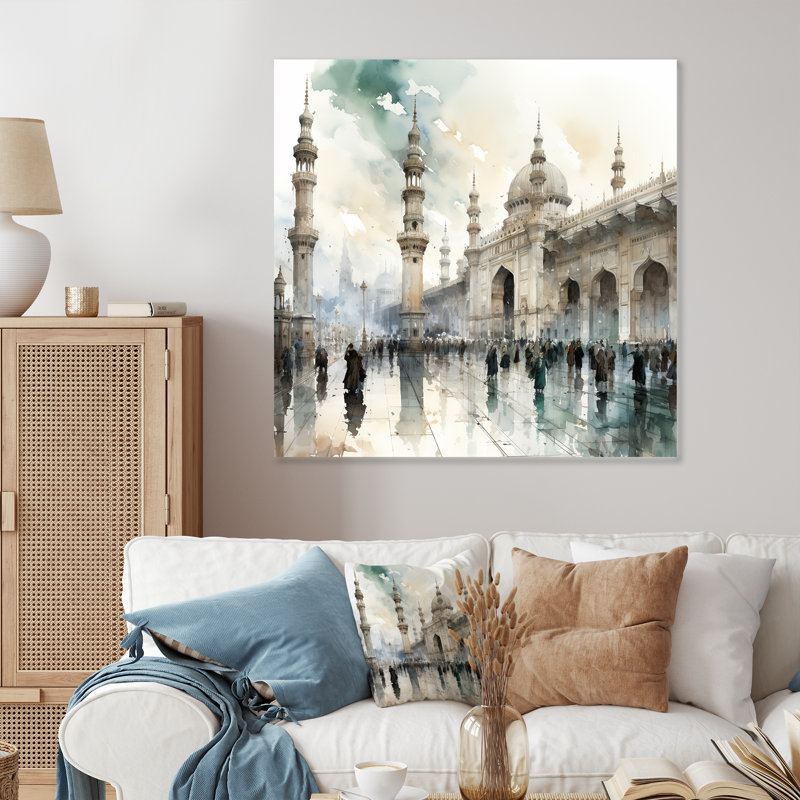 Art mural en métal «Mosquée blanche et bleue», H 16 po x l 16 po