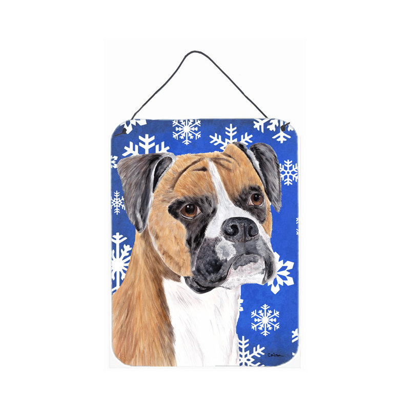 Winter Snowflakes Holiday Print on Plaque, Boxer (Brown and White)