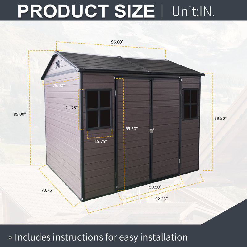 Abri de rangement extérieur en résine 8x6 brun avec 2 fenêtres
