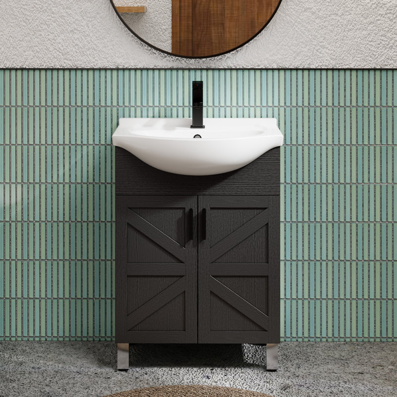 Meuble-lavabo simple autoportant 24 po avec évier en céramique épais, robinet et drain en laiton de 24 po, Black, 24"