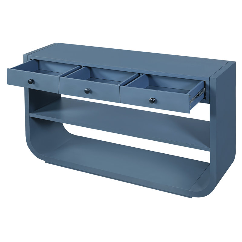 Console moderne incurvée, 3 tiroirs à fermeture douce et 2 tablettes ouvertes, base en bois massif, table d'entrée, Bleu