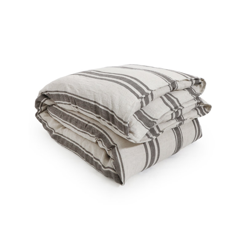 Jackson Striped Linen Duvet Cover, Queen Duvet Cover, Flax/Midnight