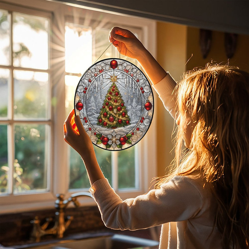 Vitrail de Noël, panneaux en vitrail attrape-soleil pour la décoration de fenêtre, 9,8 x 9,8 po (25 x 25 cm)