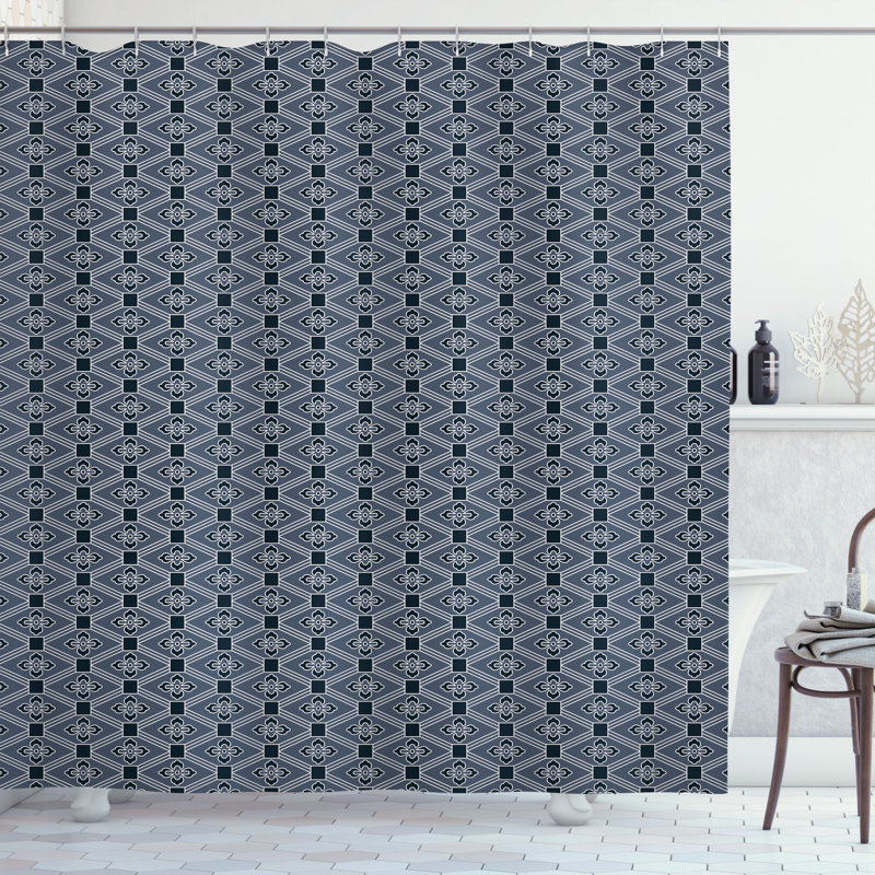 Fornah Japanese Shower Curtain Floral Diamond Line Charcoal Grey Dark Blue, 75"H x 69"W