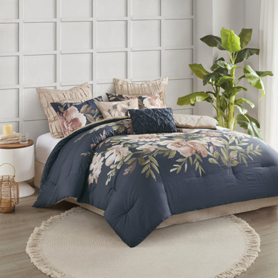 Camillia Navy Cotton Floral Printed 8-Piece Cal King Comforter Set