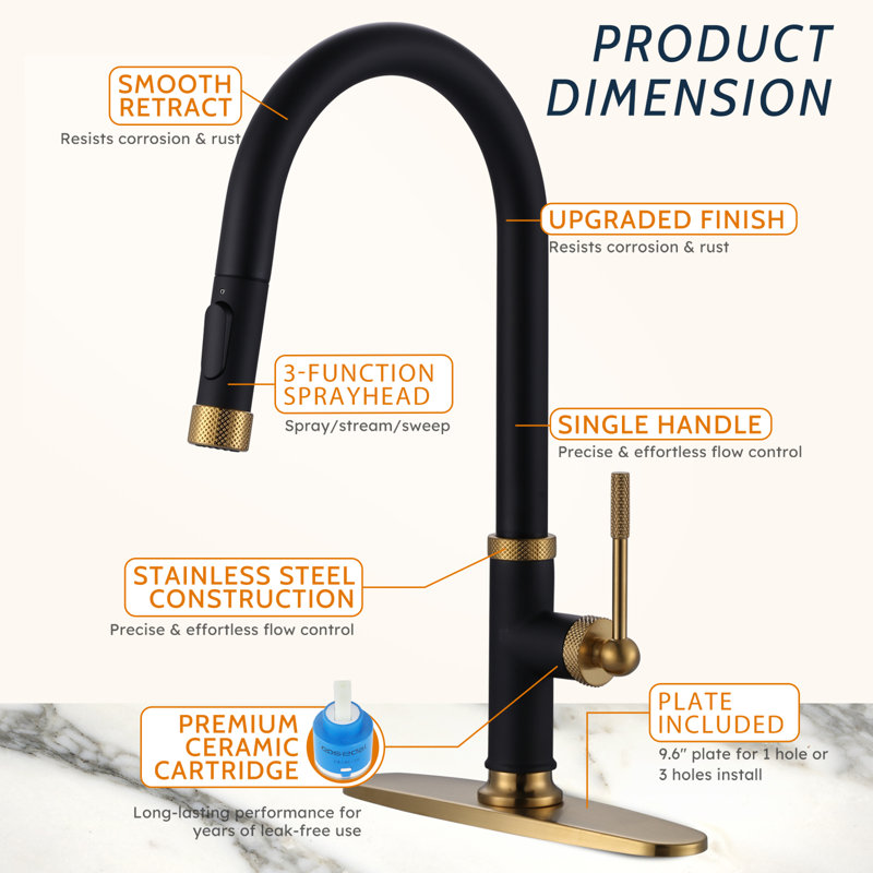 Robinet de cuisine à fixation sur le comptoir avec douchette rétractable à une poignée et deux options de débit d'eau