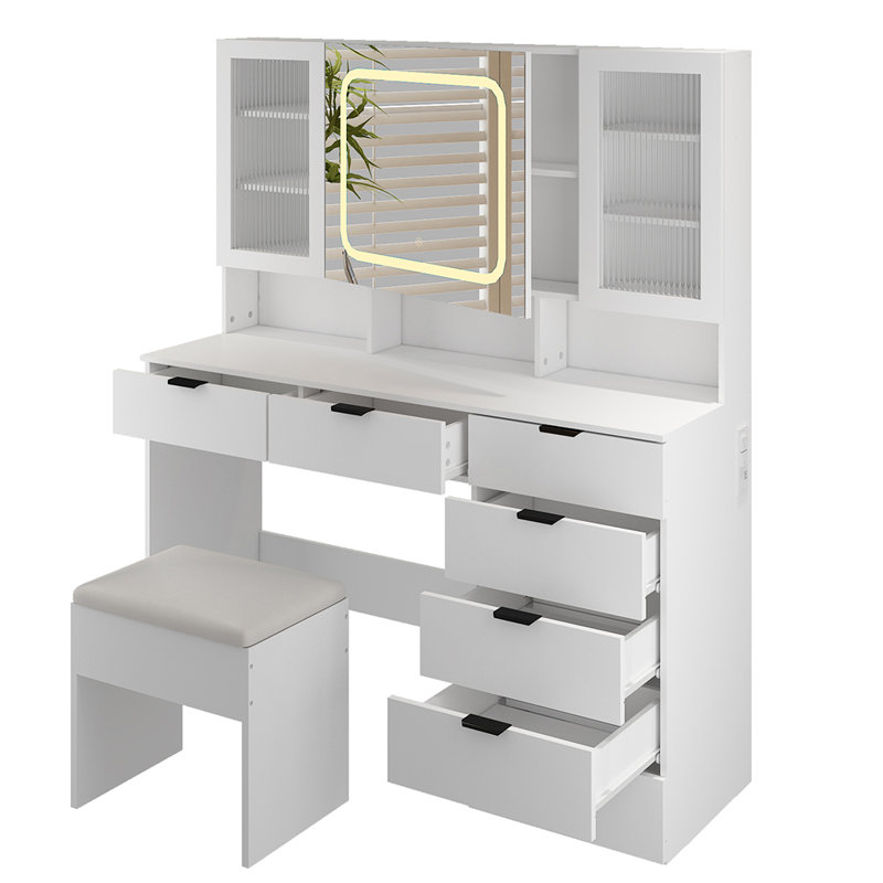 Ensemble de coiffeuse avec miroir lumineux à DEL, Noir, noir, noir, noir, Blanc
