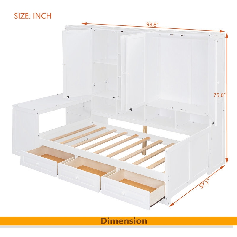 Lit de jour en bois avec trois tiroirs, armoire tout-en-un, bureau et tablettes, Lit simple, Blanc