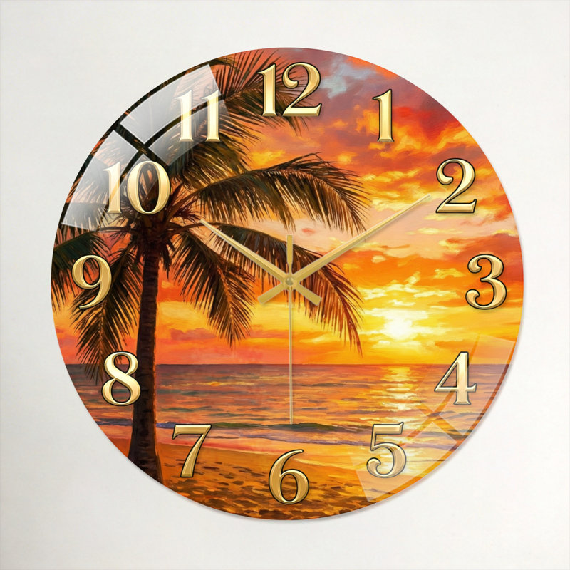 Horloge murale décorative moderne en verre Tropical Sunset, 60 x 60 cm (23,6 x 23,6 pouces)