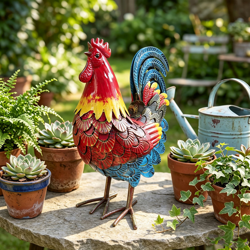 Sculpture de coq en métal de 40 cm de haut, statue de coq en fer forgé pour jardin, pelouse et ferme