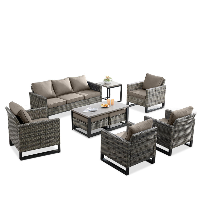 Nazime Wicker 7 - Person Patio Conversation Set with Cushions, Gray