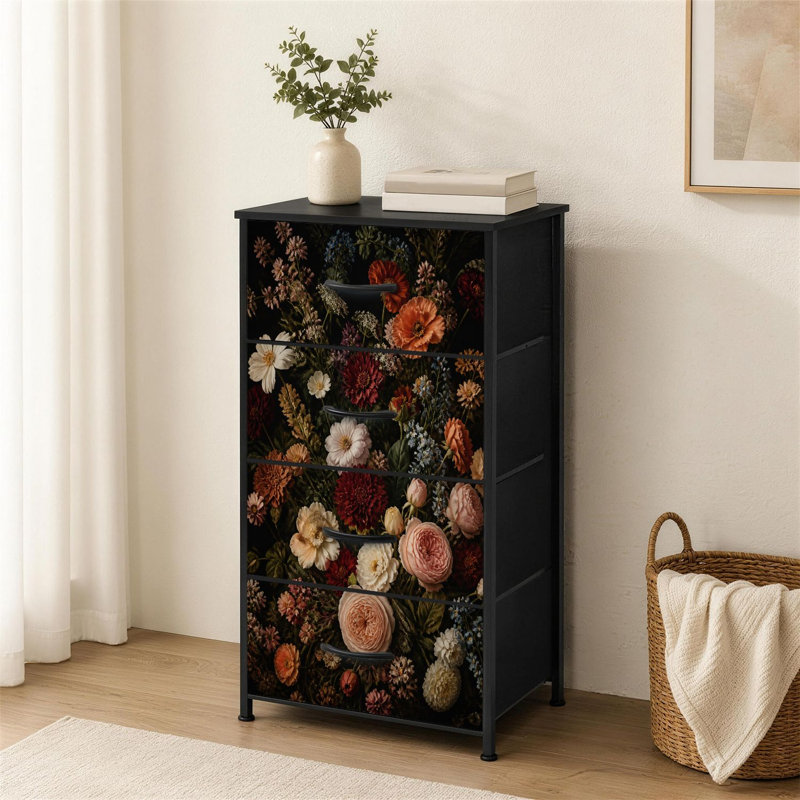 Commode 4 tiroirs pour chambre à coucher Bouquet de fleurs rétro Roses Dahlias Cosmos Wildflowers