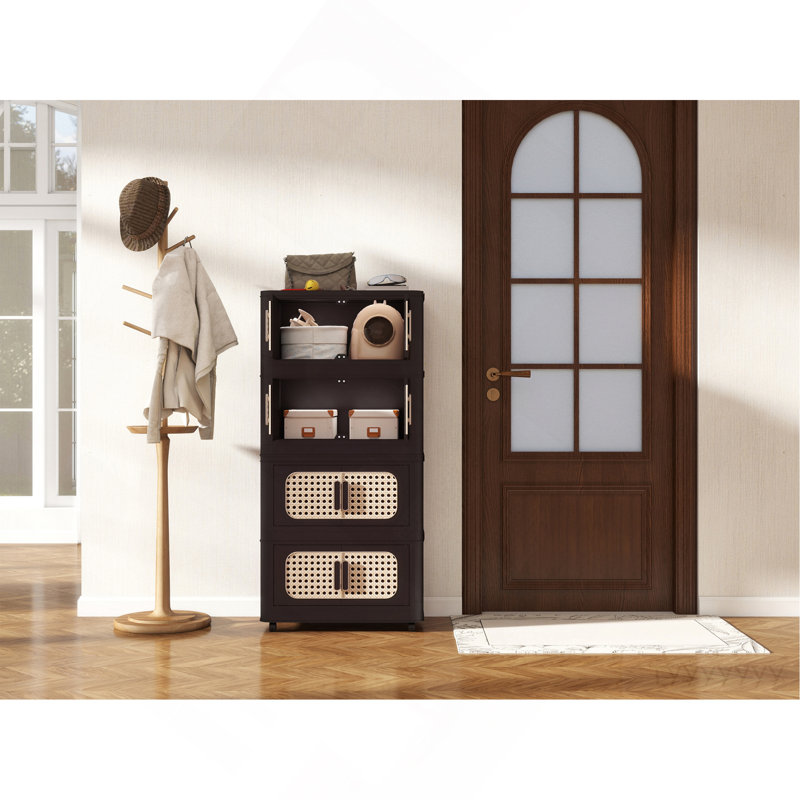 Retro Brown,20" Side Wide Folding Storage Cabinet ,5 Tiers,19.69"×11.81"×50.00",Collapsible Storage Bins With Magnetic Door, Plastic Storage Cabinet With Wheels