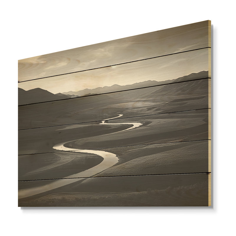 Black And White Mountain River - Mountains Wood Art On Natural Pine Wood, 10" H x 20" W