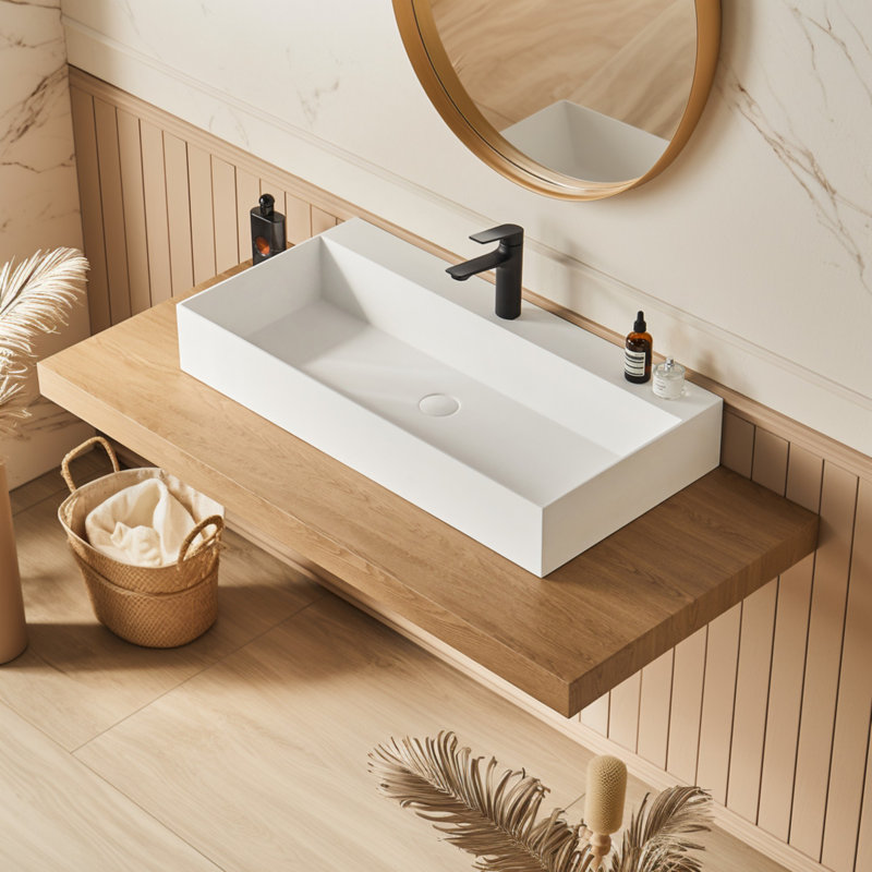 Lavabo de salle de bain mural rectangulaire en résine 30 po x 18 po avec trou de robinet simple