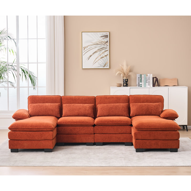 Balendin 111.8'' Soft U-Shape Sectional Couch Upholstered Sofa, Comfy Modular Cloud Couch, Red Orange Chenille
