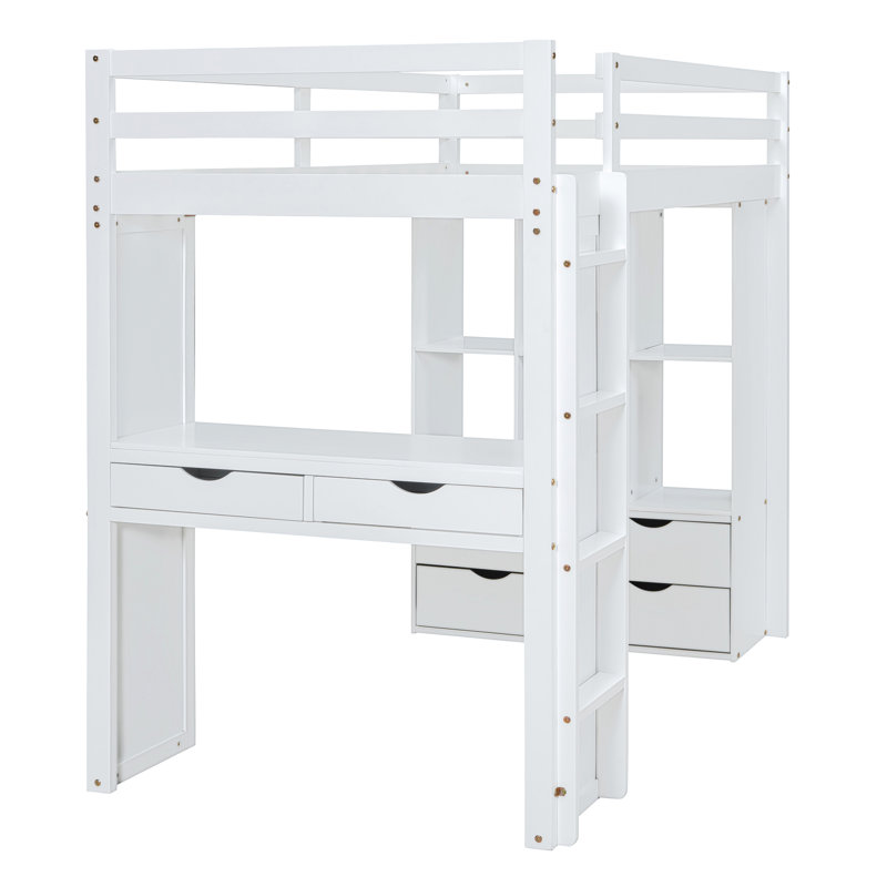 Lit mezzanine avec grandes tablettes, bureau et lumière DEL, Blanc, Lit simple