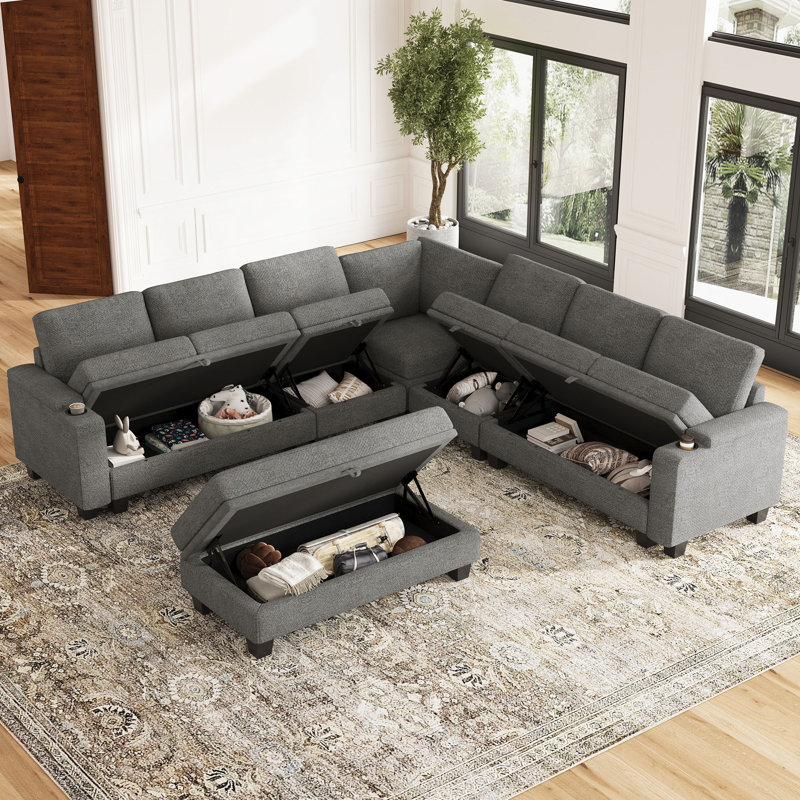 Hokku Designs Jenette Chenille L Shaped Sectional Sofa Storage Modular ...