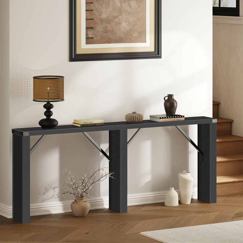 Extra Long Console Table Farmhouse Behind Couch Sofa Partner, Industrial Style with Metal Accents and Triangular Supports