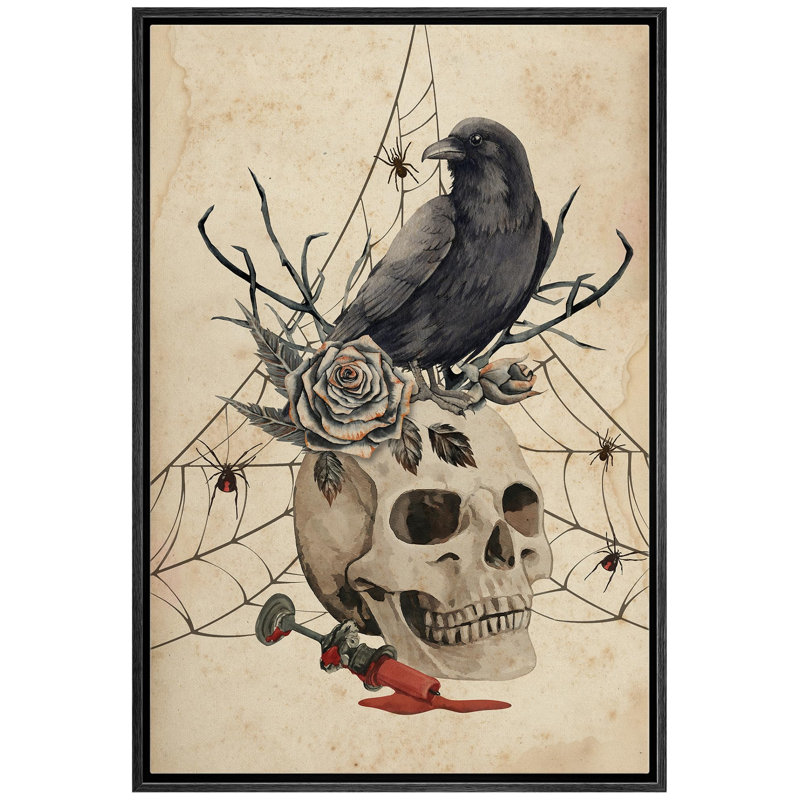 Moineau debout sur un squelette, horreur moderne, gothique, maussade, illustrations sombres, œuvre d'art moderne
