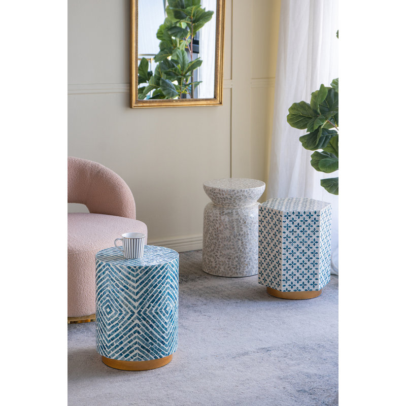 15x13x18.5" Hexagonal Accent Table with Blue Capiz Design and Gold Base