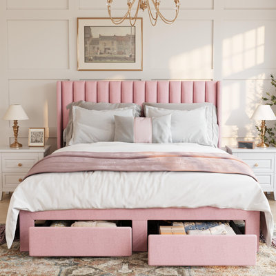 Full Bed Frame with Wingback Headboard, Velvet Upholstered Platform Bed with 2 Storage Drawers, Vertical Tufted Headboard Design, Wooden Slats Support, No Box Spring Needed, Pink