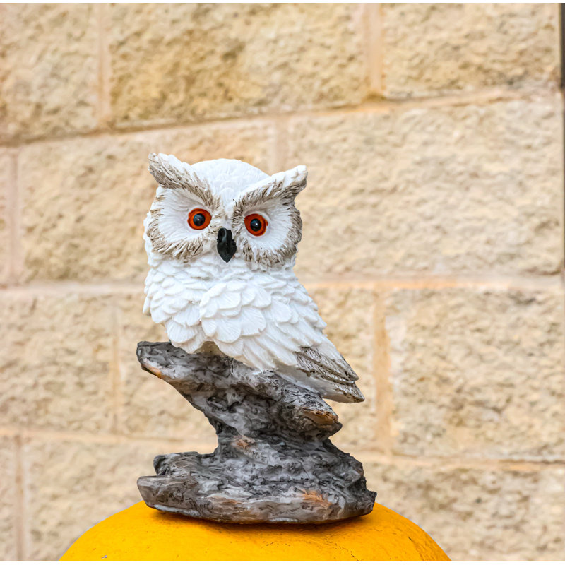 Whimsical White Snow Night Owl Perching On Tree Branch Figurine Décor