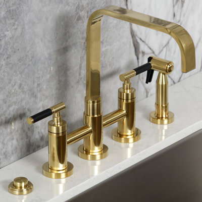 Kingston Brass Kaiser Two-Handle 4-Hole Deck Mount Bridge Kitchen Faucet with Brass Side Sprayer