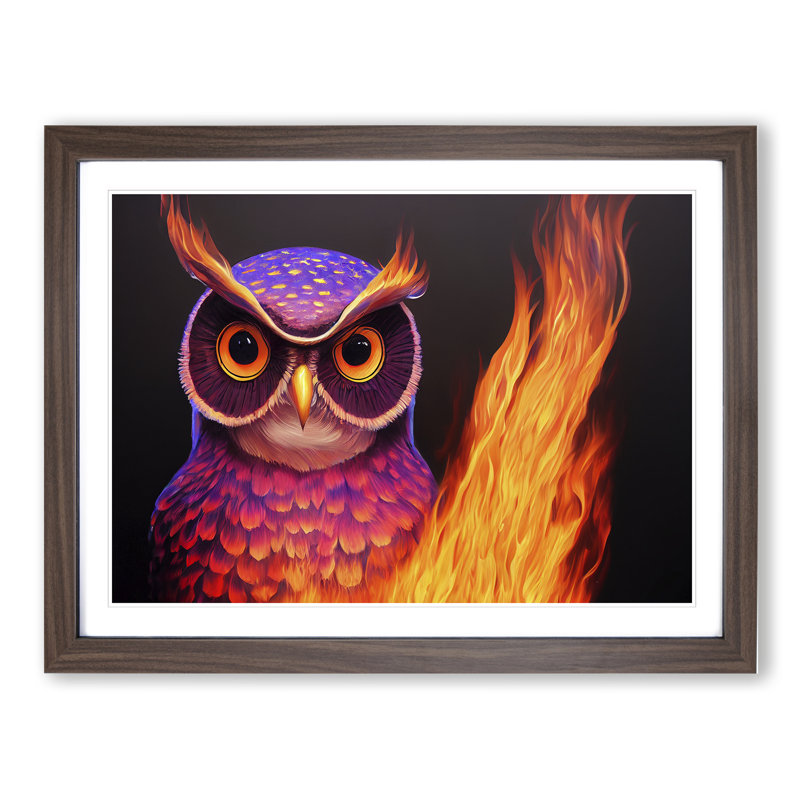 Flaming Owl - Single Picture Frame Print, 25cm H x 34cm W x 2cm D, Walnut Framed