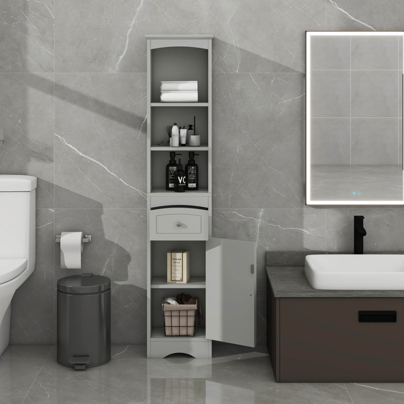 Armoire de salle de bain haute avec tablette réglable, armoire de rangement autoportante avec tiroir et porte, Gris