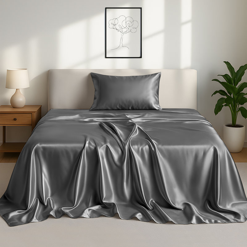 Drap-housse luxueux 4 pièces Lux Satin, Ensemble de draps pour lit simple avec 1 taie d'or, Gris foncé