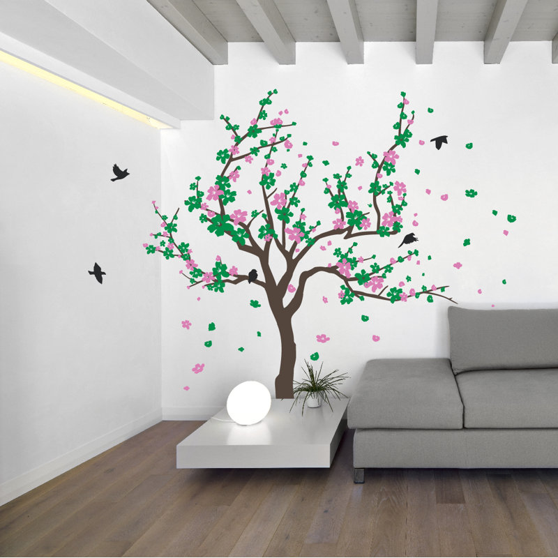 Adhésif décoratif cerisier japonais, H 60 po x l 90 po x P 0,01 po, Vert et rose