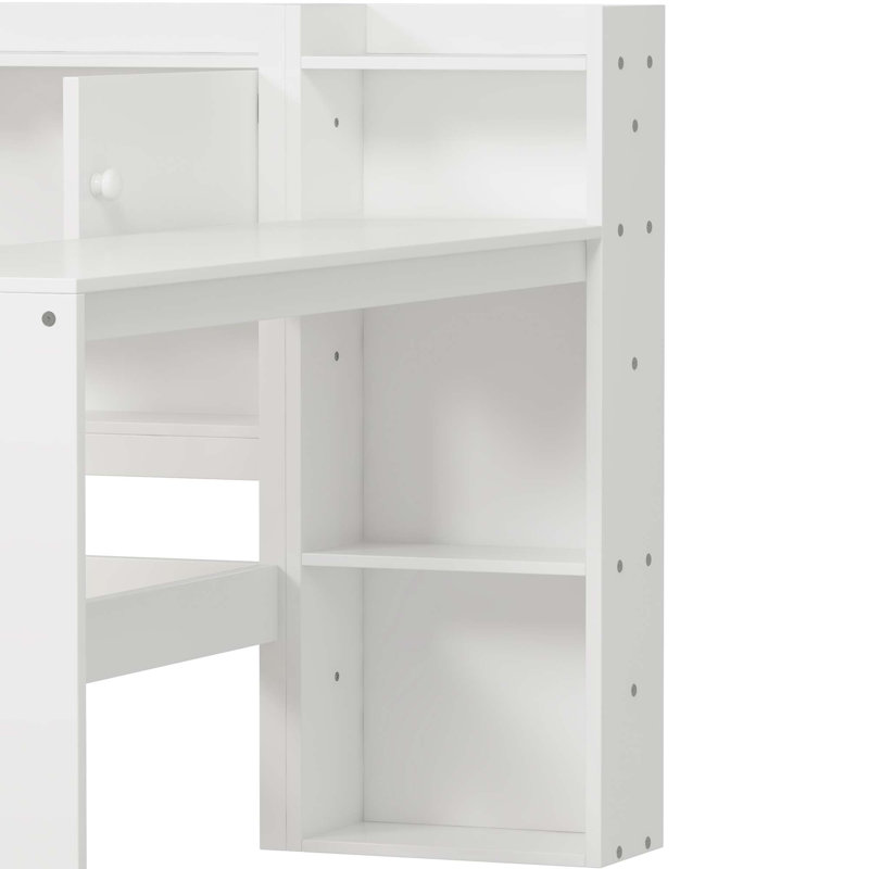 Wooden L-Shape Daybed With Seven Storage Cabinets And Two Storage Drawers, Multi-Functional Bed With Study Desk And Built-In Bookshelf