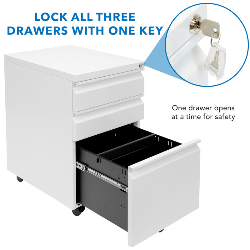 White Steel Mobile 3-Drawer Lockable File Cabinet