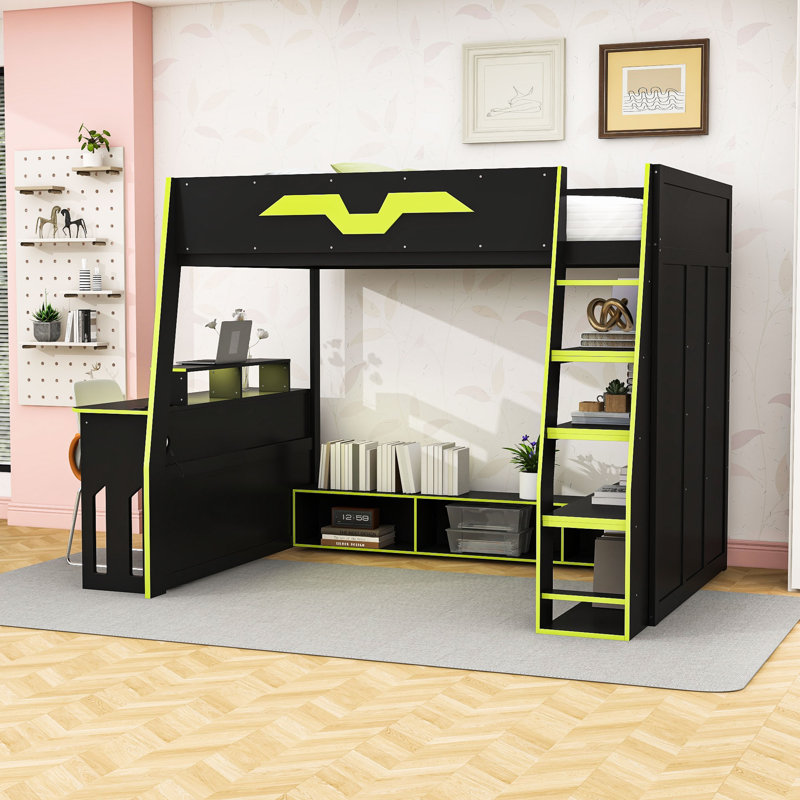 Lit mezzanine double en bois avec bureau intégré, éclairage RVB et rangement polyvalent, Vert
