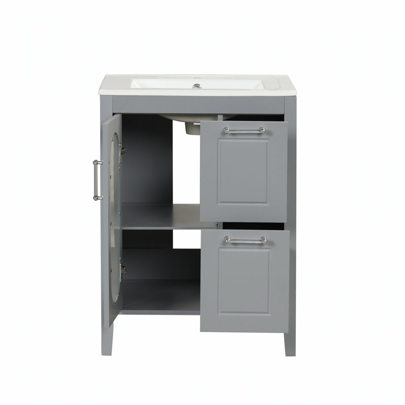 24 Inch Bathroom Vanity with Ceramic Sink, Waterproof Finish, and Spacious Storage for Modern Bathrooms, Gray